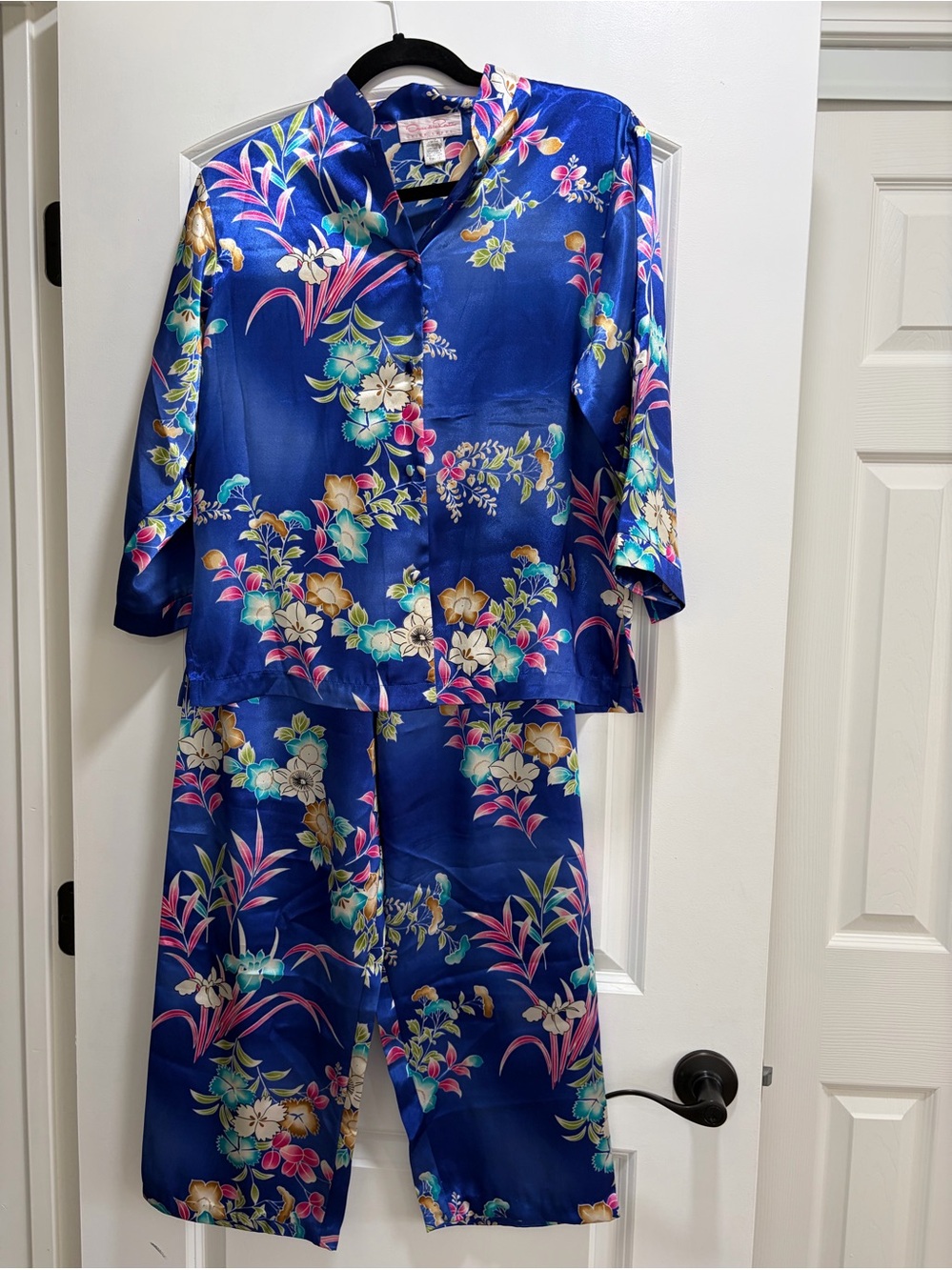 Vintage Oscar de la Renta Pink Label Royal Blue Satin Floral Pajama Set